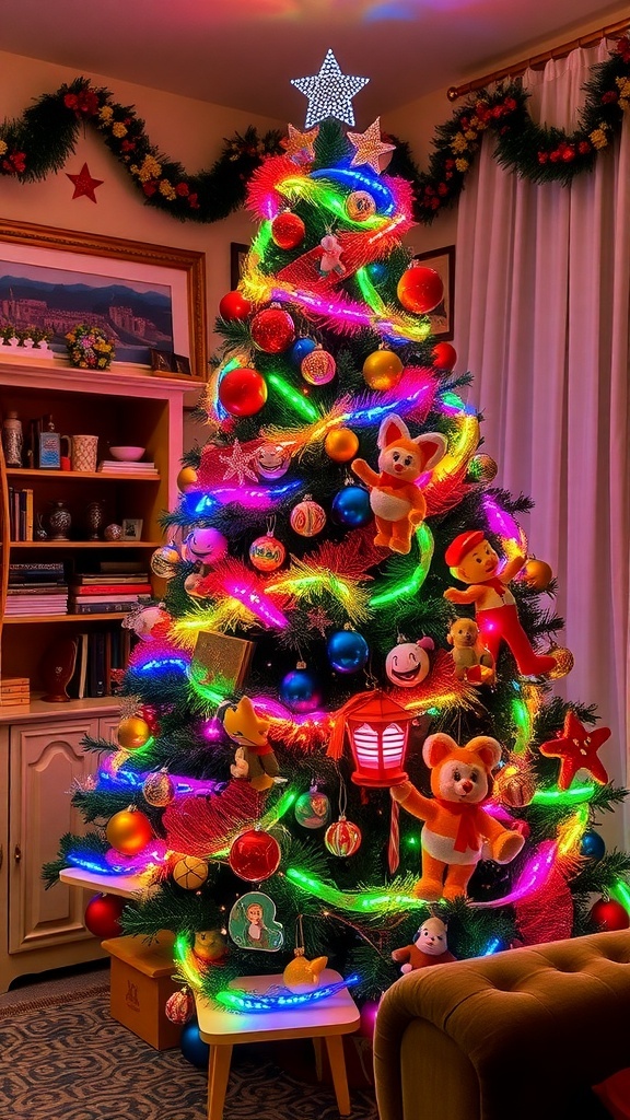 A vibrant 1990s Christmas tree decorated with neon ornaments and character decorations in a cozy living room.